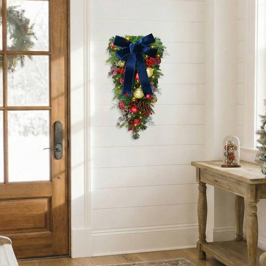 Puleo International 28" Pre-Lit Ornaments & Pinecones Artificial Teardrop Swag